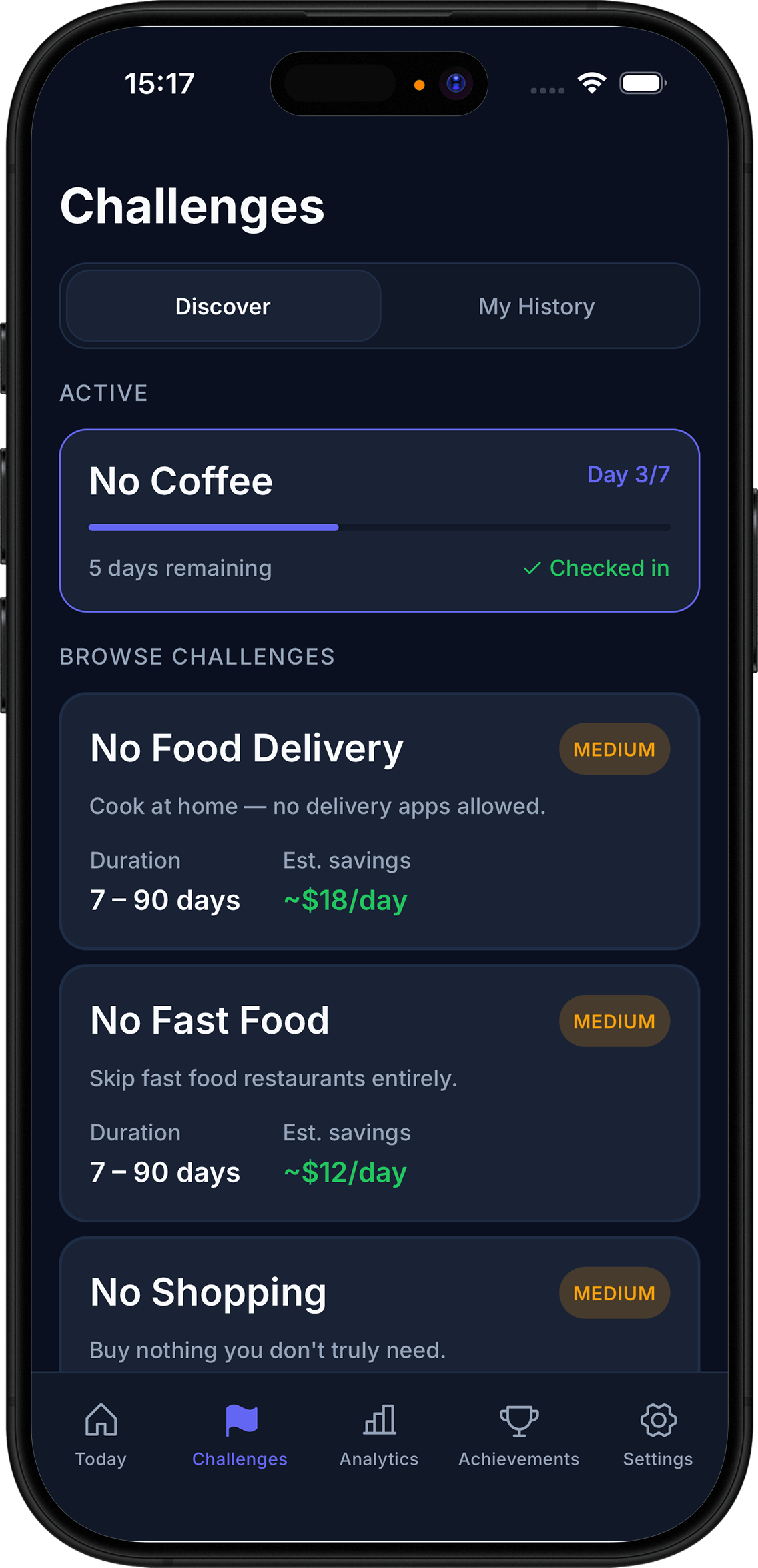 NoSpend savings screen