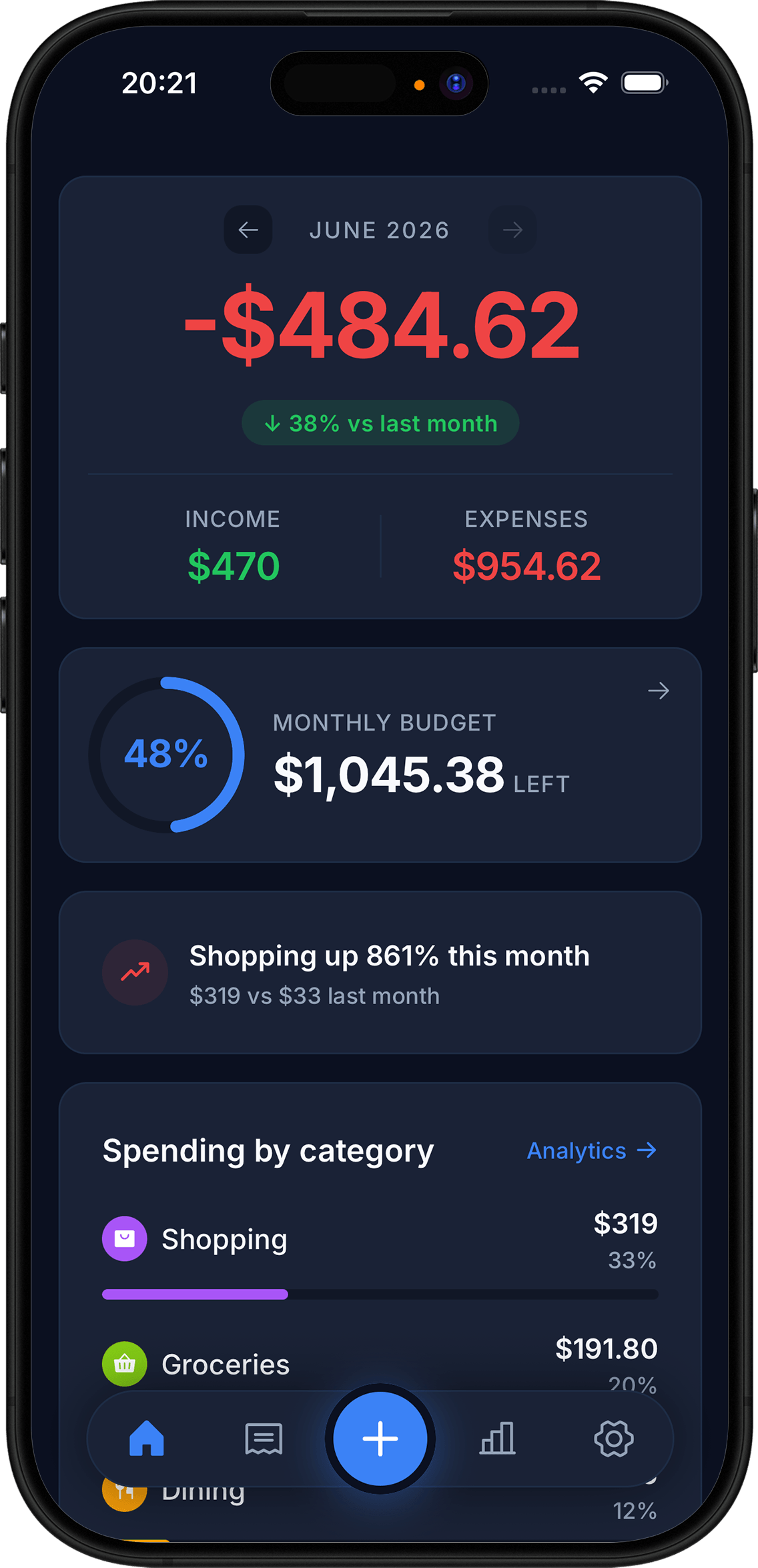 Spending expense tracking screen